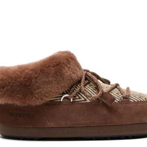 Moon Boot Brown Suede Shearling-Trim Women's Slipper with Woven Panel